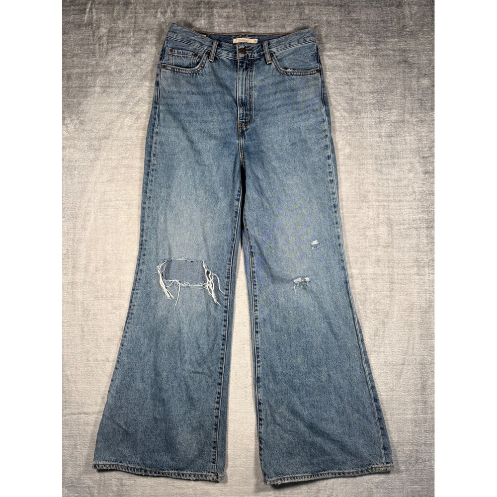 Levis Premium High Loose Flare Jeans Womens 29 Blue Distressed Wide Leg Denim